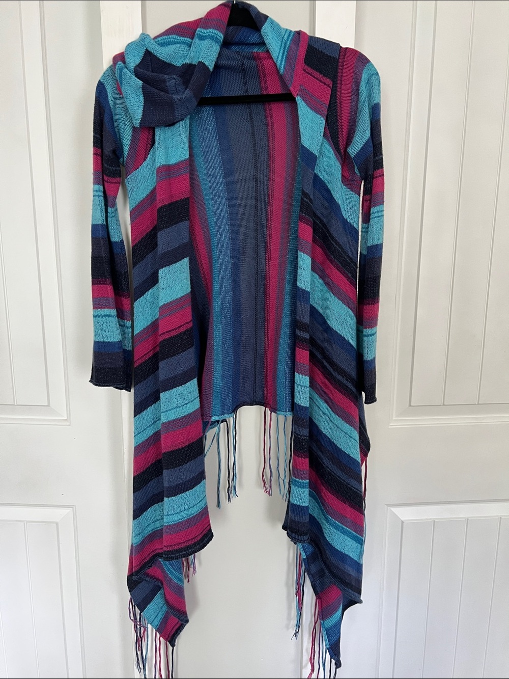 Goddess Hooded Open-Front Striped Fringe Cardigan in Teal, Navy & Magenta